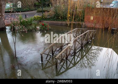 Eton, Windsor, Regno Unito. 11 gennaio 2024. Ghiaccio sulle acque alluvionali a Barnes Pool vicino all'Eton College a Eton, Windsor, Berkshire. Un allarme alluvione rimane in atto per il fiume Tamigi a Eton, Windsor, Berkshire. Fortunatamente i livelli delle acque alluvionali stanno cominciando a diminuire. Credito: Maureen McLean/Alamy Live News Foto Stock