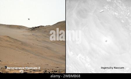 Questo video combina due prospettive del 59° volo dell'Ingenuity Mars Helicopter della NASA. Il fotogramma a sinistra mostra il video del rover Perseverance Mars della NASA; il fotogramma a destra è filmato realizzato dalla telecamera di navigazione in bianco e nero di Ingenuity, o Navcam, con l'ombra dell'elicottero visibile sulla superficie marziana. Il volo di 142 secondi, che ha avuto luogo il 16 settembre 2023, era destinato a controllare i modelli di vento marziano. La moto rotativa si librava a diverse altitudini 13 piedi (4 metri), 26 piedi (8 metri), 39 piedi (12 metri), 52 piedi (16 metri) e 66 piedi (20 metri). Foto Stock