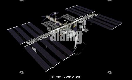 JSC2011-e-016371 (marzo 2011) --- il rendering di artisti generati dal computer della stazione spaziale Internazionale a marzo 2011, durante il quale lo Space Shuttle Discovery (STS-133/ULF5) fornisce il Express Logistics Carrier 4 (ELC4) e il Permanent Multi-Purpose Module (PMM). "Johannes Kepler" dell'Agenzia spaziale europea Automated Transfer Vehicle-2 (ATV2) è agganciato alla porta di poppa del modulo di servizio Zvezda. Il veicolo di trasferimento giapponese Kounotori2 H-II (HTV2) è collegato alla porta Zenith del nodo Harmony. Foto Stock