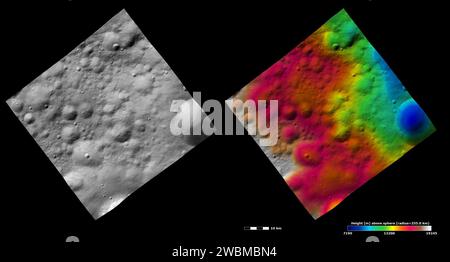 Queste immagini della navicella spaziale Dawn della NASA mostrano molti crateri, che hanno diversi stati di conservazione, nel quadrangolo Bellicia di Vesta nell'emisfero settentrionale. Foto Stock