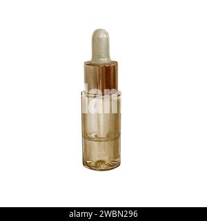 Bottiglia di vetro con illustrazione contagocce ad acquerello. Flacone piccolo con olio, siero, liquido all'interno per trattamenti cosmetici o trattamenti. Contenitore in vetro con pipetta Foto Stock