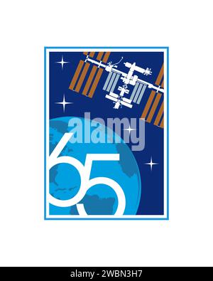 L'insegna ufficiale della Expedition 65 rappresenta la missione a bordo della stazione spaziale Internazionale, datata 1 luglio 2020. Foto Stock