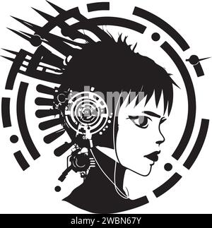 Illustrazione Cyber techno girl per stampa o logo. Ragazza cyber punk. Illustrazione Vettoriale