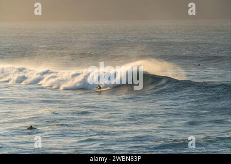 Un surfista emerge con il sole a ho'okipa, intagliando un percorso attraverso le onde incontaminate di Maui al mattino. Foto Stock