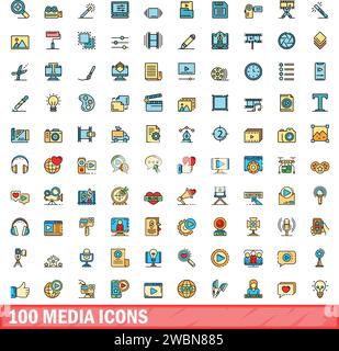 100 icone dei supporti impostate. Set di righe a colori delle icone dei vettori di supporto linea sottile piatta su bianco Illustrazione Vettoriale