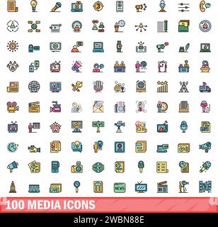 100 icone dei supporti impostate. Set di righe a colori delle icone dei vettori di supporto linea sottile piatta su bianco Illustrazione Vettoriale