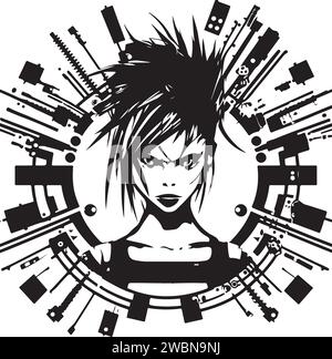 Illustrazione Cyber techno girl per stampa o logo. Ragazza cyber punk. Illustrazione Vettoriale