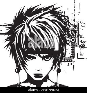 Illustrazione Cyber techno girl per stampa o logo. Ragazza cyber punk. Illustrazione Vettoriale