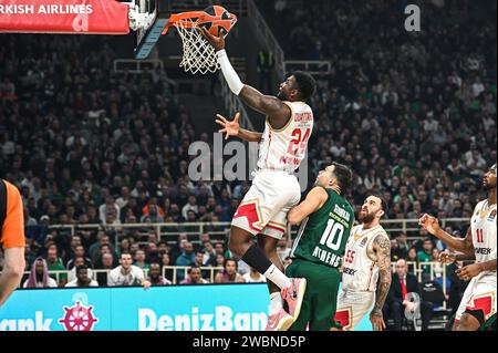 Atene, Grecia. 11 gennaio 2024. 24 Yakuba Ouattara dell'AS Monaco sta giocando durante l'Eurolega, round 21, partita tra Panathinaikos AKTOR Athens e AS Monaco all'OAKA Altion Arena di Atene, Grecia, l'11 gennaio 2024. Credito: Agenzia fotografica indipendente/Alamy Live News Foto Stock