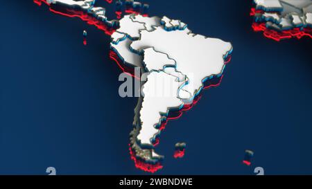 Mappa del mondo bianco con continente del Sud America, confini dorati e contorno rosso su sfondo blu. Illustrazione rappresentazione 3D. Foto Stock