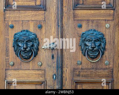 Vecchio ingresso con dettagli classici in ottone. Foto Stock