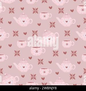 Motivo hot Chocolate senza cuciture, stampa vettoriale di sfondo nei colori rosa chiaro e marrone Illustrazione Vettoriale