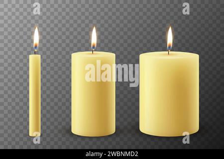 Vector 3d Realistic Paraffin or Wax Burning Party, set di candele Spa con fiamma di una candela, isolato. Modello di disegno candela, vista frontale Illustrazione Vettoriale