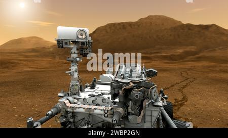 Questo concetto artistico presenta il Mars Science Laboratory Curiosity rover della NASA. L'albero, o la testa del rover, si innalza a circa 2,1 metri (6,9 piedi) dal livello del suolo, circa quanto un giocatore di basket. Foto Stock