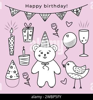 Set di doodle per compleanno Kawaii adesivi in bianco e nero, simpatici oggetti vettoriali su sfondo rosa chiaro Illustrazione Vettoriale