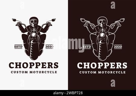 Motociclista chopper con skeleton skeleton skull rider e logo motociclistico personalizzato con illustrazione vettoriale su sfondo bianco Illustrazione Vettoriale