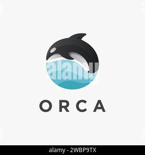 Moderna orca che salta, simbolo del logo delle orche assassine, vettore su sfondo bianco Illustrazione Vettoriale