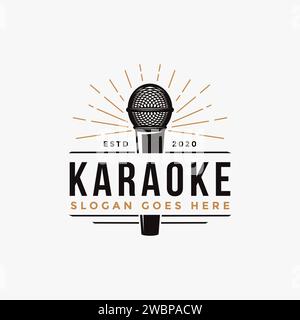 Logo vintage del microfono, icona del logo karaoke modello vettoriale su sfondo bianco Illustrazione Vettoriale