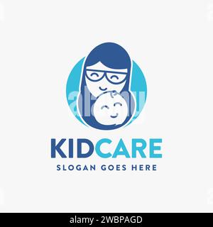 icona con il logo di madre e bambino, bambino premuroso, figlio premuroso, icona sorriso, faccia felice, icona del logo della mano modello vettoriale su sfondo bianco Illustrazione Vettoriale