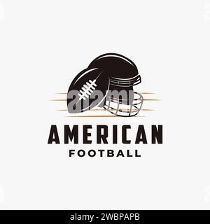 Logo sportivo del football americano con pallina Gridiron e icona del casco da football su sfondo bianco Illustrazione Vettoriale