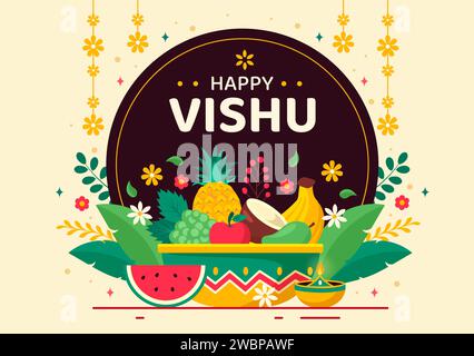 Happy Vishu Festival illustrazione vettoriale con Krishna, Kani tradizionali del Kerala, frutta e verdura su sfondo piatto di cartoni animati delle feste nazionali Illustrazione Vettoriale