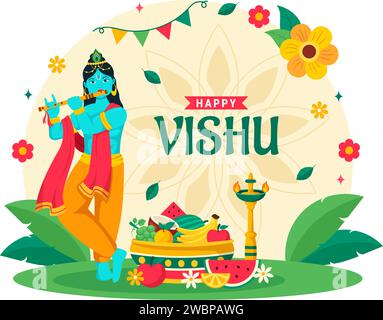 Happy Vishu Festival illustrazione vettoriale con Krishna, Kani tradizionali del Kerala, frutta e verdura su sfondo piatto di cartoni animati delle feste nazionali Illustrazione Vettoriale