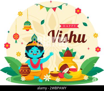 Happy Vishu Festival illustrazione vettoriale con Krishna, Kani tradizionali del Kerala, frutta e verdura su sfondo piatto di cartoni animati delle feste nazionali Illustrazione Vettoriale