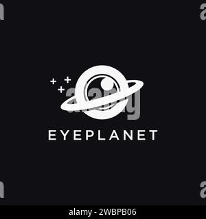 Fun Eye e vettore dell'icona del logo ring of Planet su sfondo nero Illustrazione Vettoriale