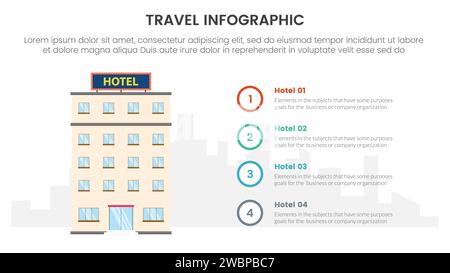 infografica di viaggio per le vacanze con un modello di fase a 4 punti con struttura alberghiera e schema del cerchio per il vettore di presentazione delle diapositive Foto Stock
