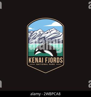 Immagine del logo della patch emblema del Kenai Fjords National Park illustrazione del logo della patch emblema su sfondo scuro Illustrazione Vettoriale