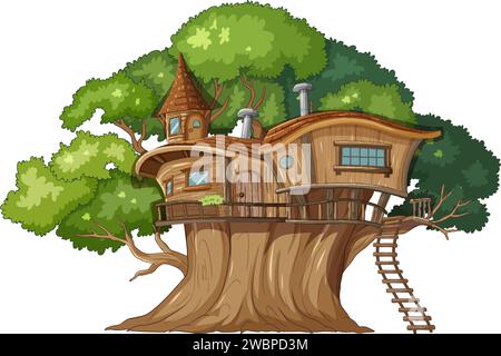 Stravagante casa sull'albero immersa nel verde vibrante. Illustrazione Vettoriale