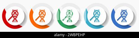 Scienza, set di icone vettoriali per la ricerca genetica, icone piatte per la progettazione di logo, Web design e applicazioni mobili, pulsanti rotondi colorati Illustrazione Vettoriale