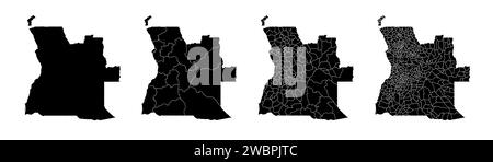 Insieme di mappe di stato dell'Angola con la divisione delle regioni e dei comuni. Confini del reparto, mappe vettoriali isolate su sfondo bianco. Illustrazione Vettoriale