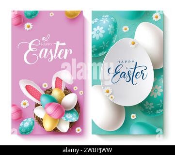 Set di poster vettoriali di testo felice pasqua. Testo di auguri di buona pasqua con uova colorate e simpatici orecchie da coniglio per la collezione di cartoline. Illustrazione Vettoriale
