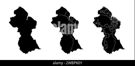 Insieme di mappe di stato della Guyana con la divisione di regioni e comuni. Confini del reparto, mappe vettoriali isolate su sfondo bianco. Illustrazione Vettoriale