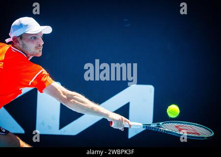 Melbourne, Australia. 12 gennaio 2024. Il belga David Goffin raffigurato in azione durante una partita di qualificazione maschile del terzo e ultimo turno tra il belga Goffin e il canadese Diallo, al torneo di tennis del grande Slam "Australian Open", venerdì 12 gennaio 2024 a Melbourne Park, Melbourne, Australia. L'edizione 2024 del grande Slam australiano si svolge dal 14 al 28 gennaio. BELGA PHOTO PATRICK HAMILTON Credit: Belga News Agency/Alamy Live News Foto Stock