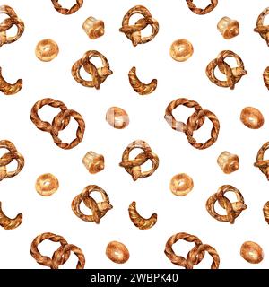 Vari tipi di prodotti da forno ad acquerello senza cuciture isolato su bianco. Simit disegnato a mano, pretzel per panetteria. Brioche dipinta, bagel. Illustrazione Foto Stock