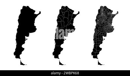 Insieme di mappe di stato dell'Argentina con la divisione di regioni e comuni. Confini del reparto, mappe vettoriali isolate su sfondo bianco. Illustrazione Vettoriale