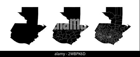 Insieme di mappe di stato del Guatemala con la divisione di regioni e comuni. Confini del reparto, mappe vettoriali isolate su sfondo bianco. Illustrazione Vettoriale