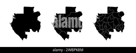 Insieme di mappe di stato del Gabon con la divisione delle regioni e dei comuni. Confini del reparto, mappe vettoriali isolate su sfondo bianco. Illustrazione Vettoriale