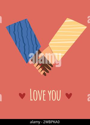 La coppia di biglietti di San Valentino in Love Hold Hands illustrazione vettoriale. Relazioni tra persone di diverse nazionalità Illustrazione Vettoriale
