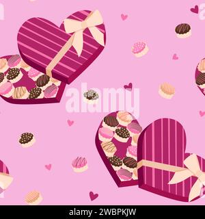 Motivo senza cuciture per San Valentino. Illustrazione vettoriale caramelle al cioccolato. Cioccolatini con design diversi Illustrazione Vettoriale