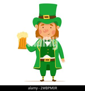Simpatico e simpatico leprechaun con una pinta di birra. Illustrazione vettoriale per St. Il giorno di Patrick. Uomo con un vestito verde e un cappello Illustrazione Vettoriale