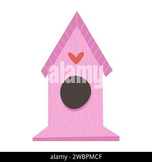 Graziosa casetta in legno rosa per uccelli isolati su uno sfondo bianco. Illustrazione vettoriale dei cartoni animati. Illustrazione Vettoriale
