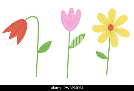 Set illustrazioni vettori di fiori astratti. Piante in fiore di Doodle piatte composizione semplice. Elemento di progettazione isolato Illustrazione Vettoriale