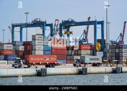 Abidjan. 10 gennaio 2024. Questa foto scattata il 10 gennaio 2024 mostra veicoli che trasferiscono container in un molo del progetto di espansione del porto di Abidjan ad Abidjan, Costa d'Avorio. Il progetto di espansione del porto di Abidjan in Costa d'Avorio, intrapreso dalla China Harbour Engineering Company (CHEC), iniziò la costruzione nel 2015 e fu messo in uso nel 2020. Credito: Han Xu/Xinhua/Alamy Live News Foto Stock