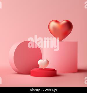 3D San Valentino: Un podio mockup. Cuori rosa e rossi, geometria moderna, perfetti per presentare prodotti, cosmetici, gioielli e altro ancora. Illustrazione vettoriale Illustrazione Vettoriale