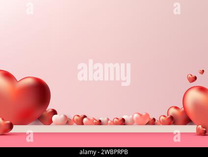 I prodotti per San Valentino brillano con questo modello fotorealistico su podio 3D. Con plateau rosa decorato con cuori. Illustrazione vettoriale Illustrazione Vettoriale