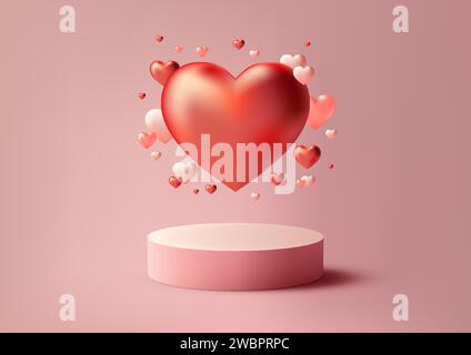 3D San Valentino: Un podio mockup. Caratterizzato da cuori rossi fluttuanti, un elegante podio e un morbido sfondo rosa, è perfetto per mostrare i tuoi prodotti Illustrazione Vettoriale