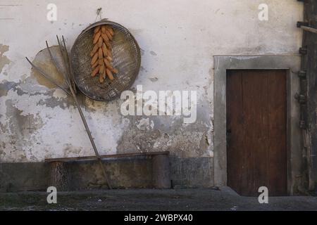 Muro di una casa rurale in Slovenia con attrezzi agricoli e orecchie di grani essiccati. Foto Stock